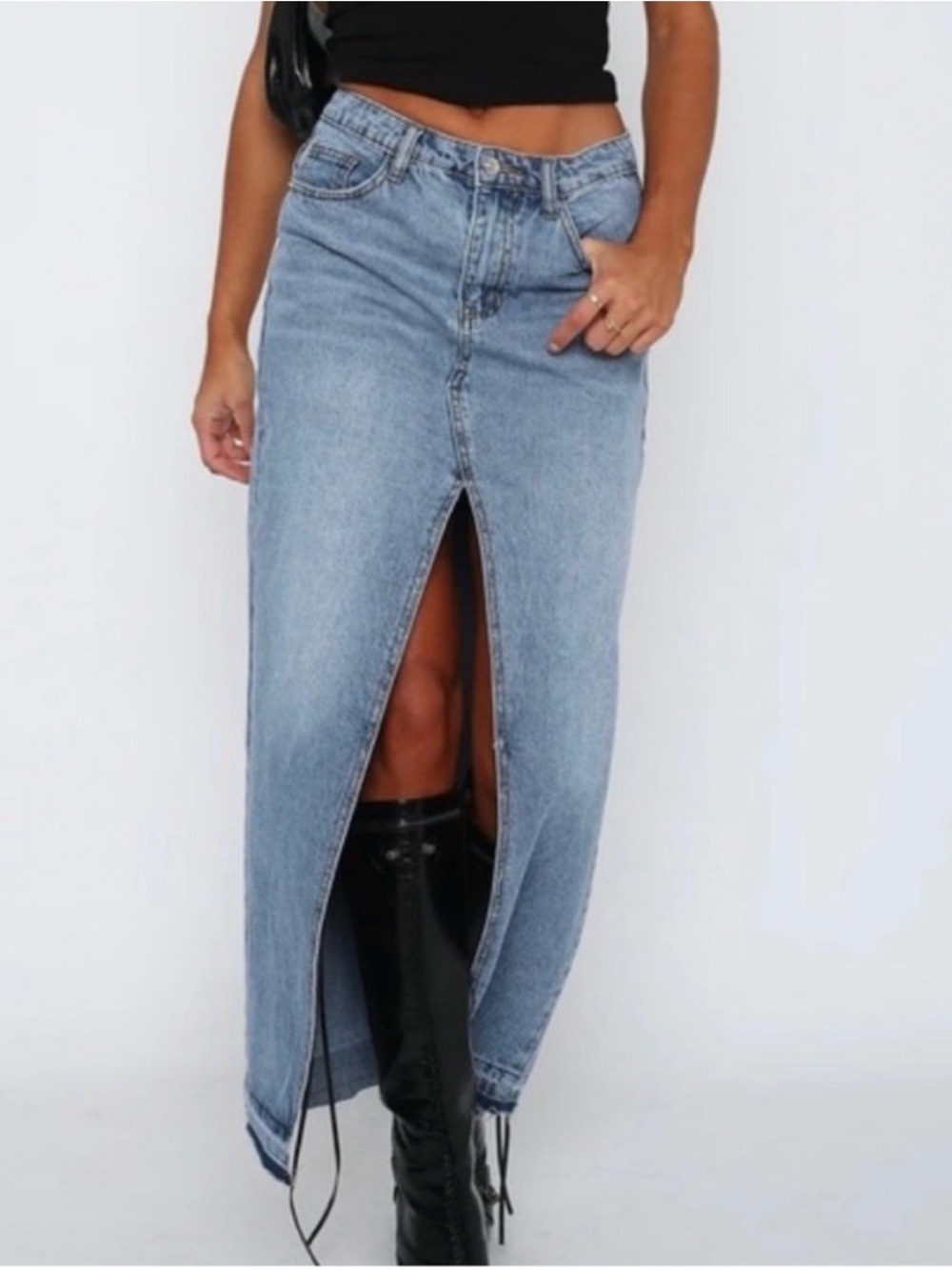 White Fox Boutique Denim Maxi Skirt with Front Slit
